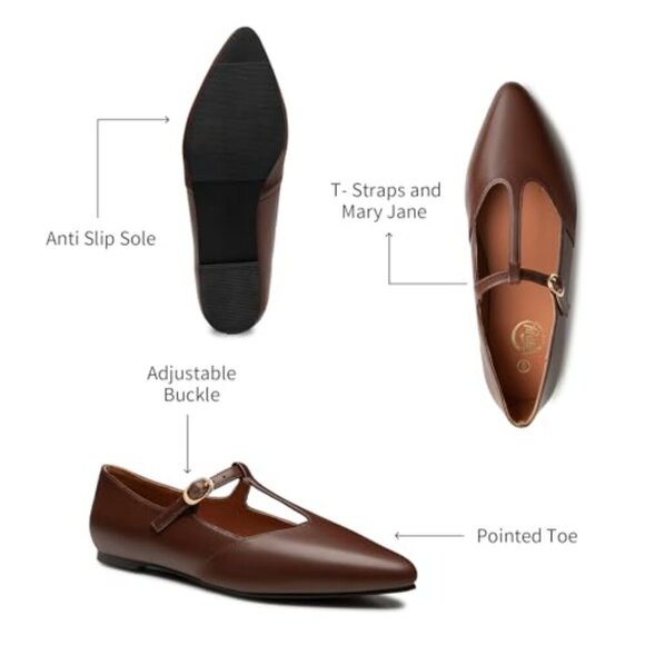 Women's T-Strap Mary Jane Ballet Flats Pointed Toe Adjustable Buckle Slip On - Picture 4 of 8